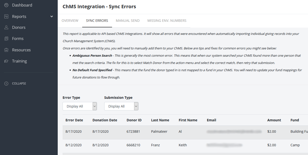 giving sync error report