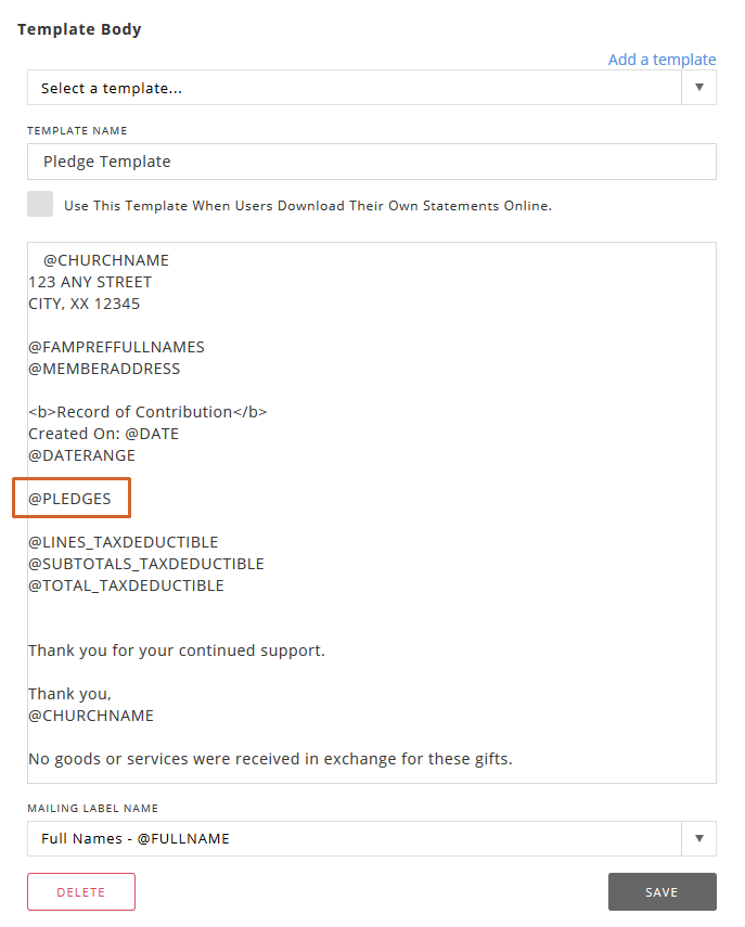 Pledges Giving Letter Template ChMS Help Center