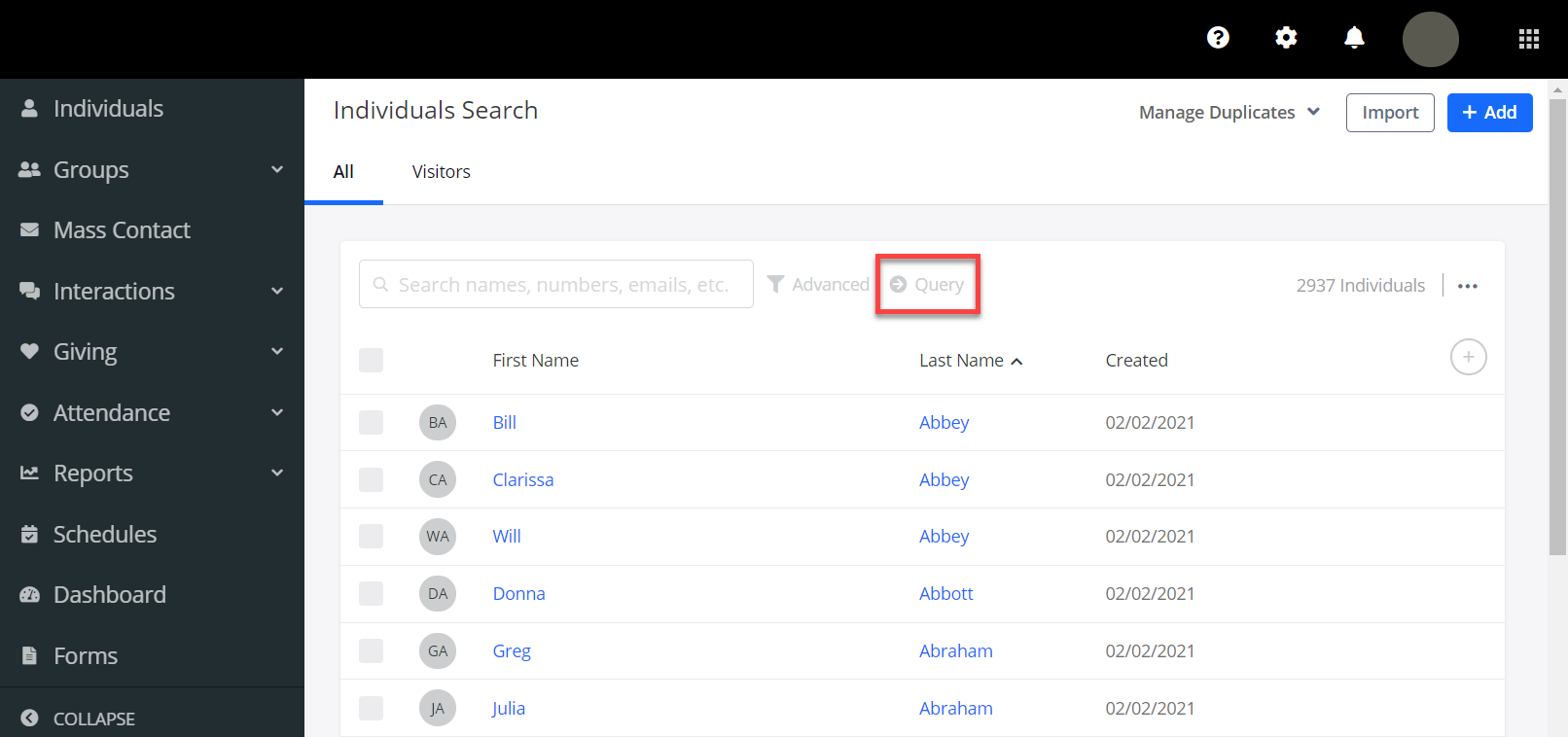 Query search tab